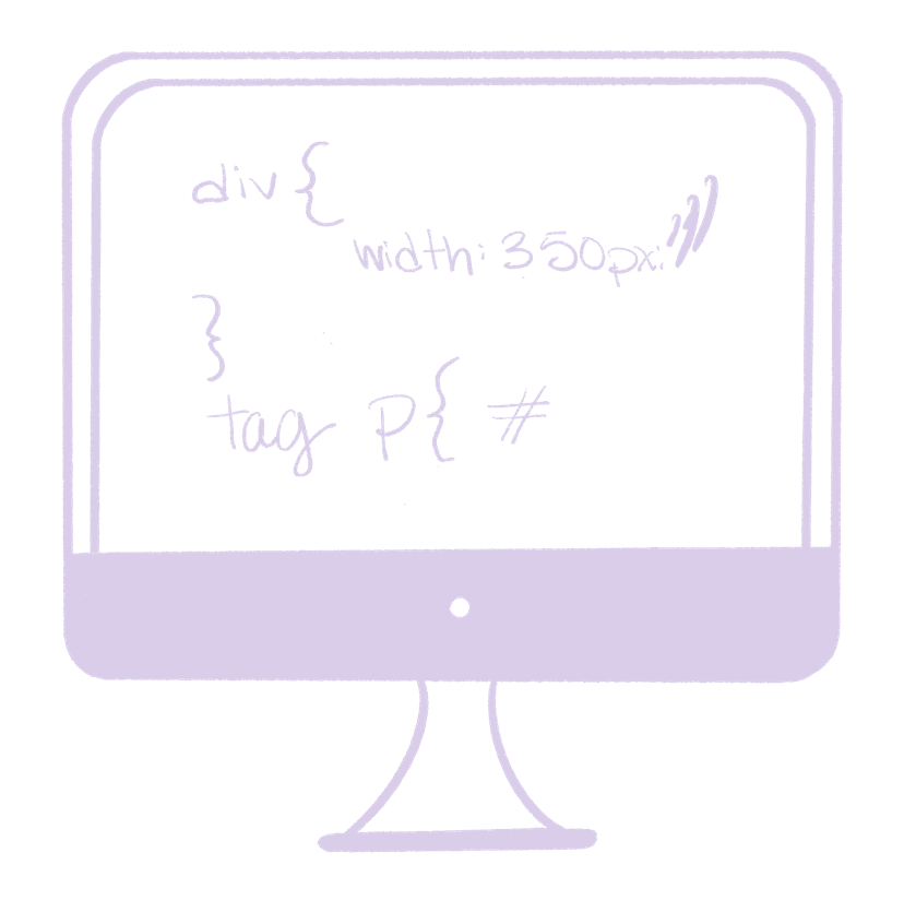 Illustrated icon of iMac monitor with psuedocode on the screen, drawn in lavender